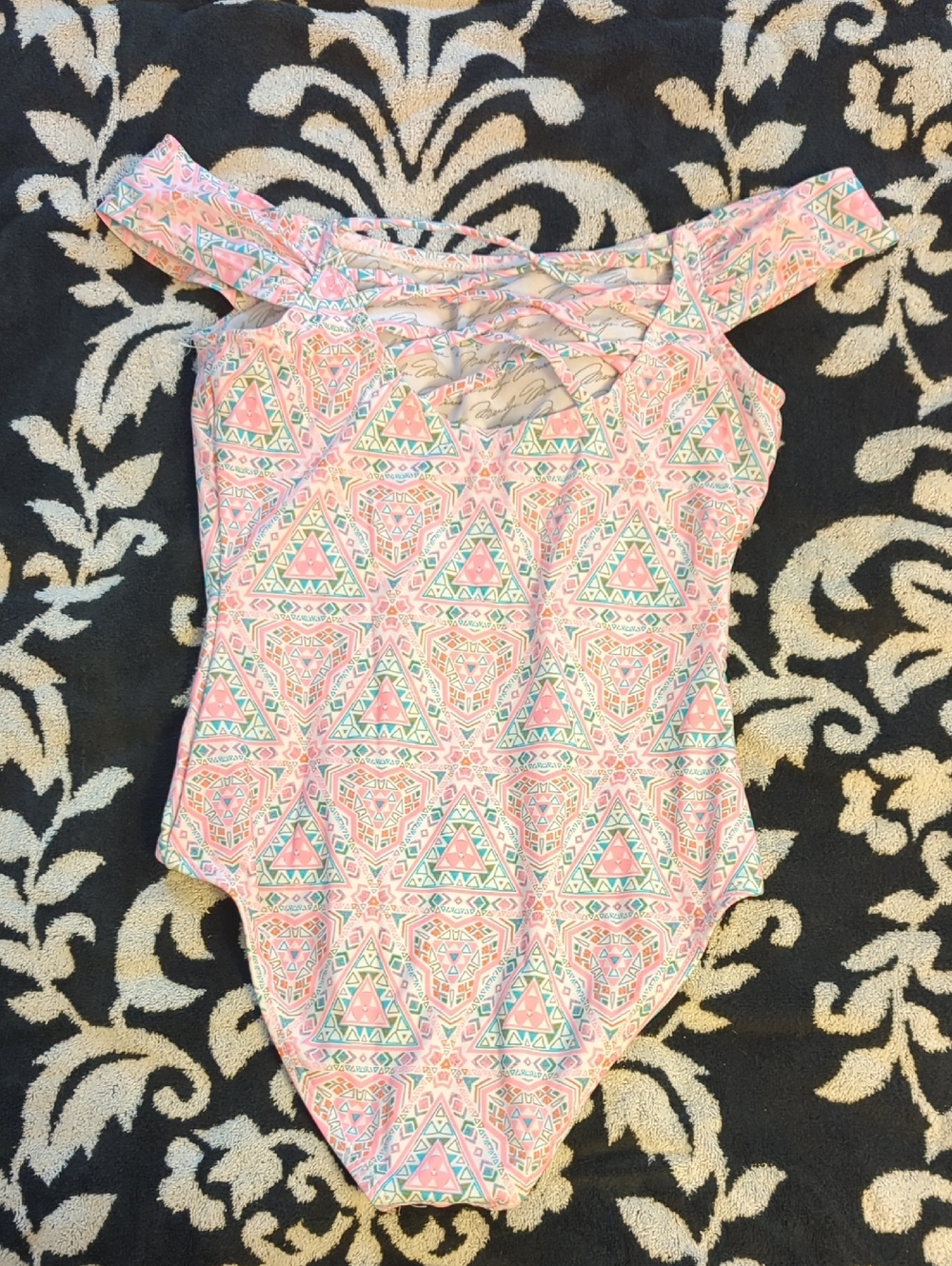 Marilyn Monroe Off-Shoulder High Cut Pink & Aqua Geometric One-Piece S-XS